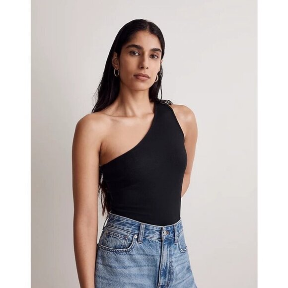 Madewell Brightside Rib One-Shoulder Tank Top Slim Fit True Black Women Size XXS - Picture 1 of 15